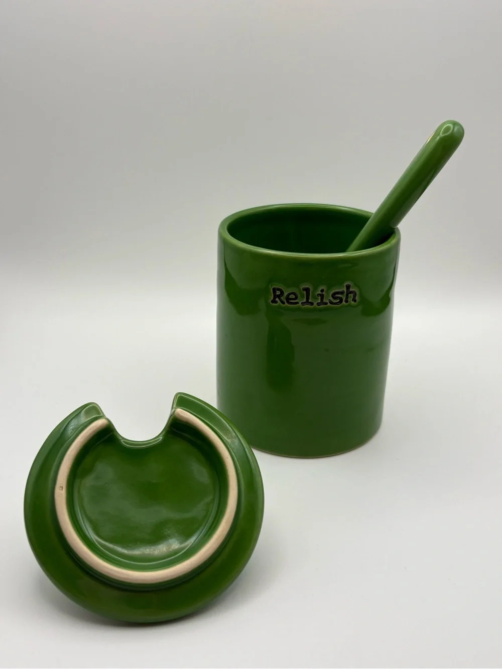 Pottery Barn Green Relish Condiment Jar with Spoon & Lid from BBQ Set
